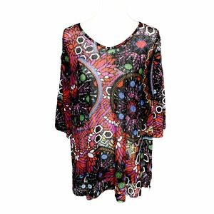 Women's Ali Miles Sz L Sheer Floral Tunic Cut Out Sleeves